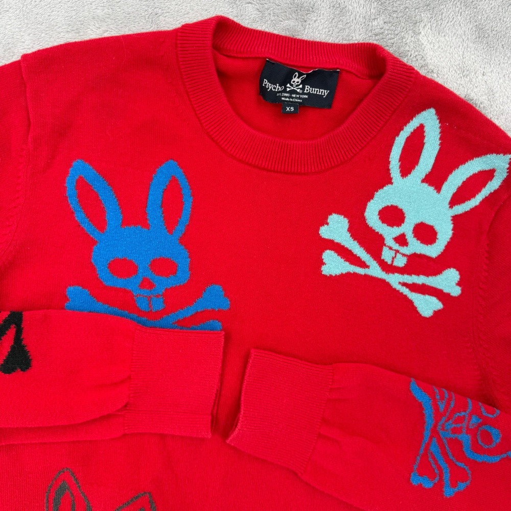 Psycho Bunny Red Cotton Crewneck Sweater Bunny Skull Crossbones‎ Size XS